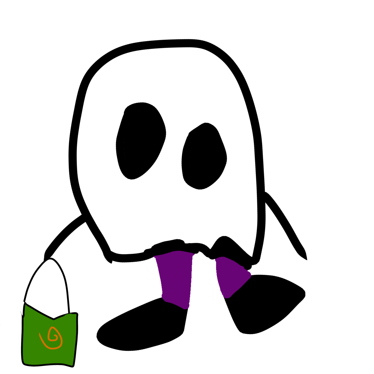 a little kid in a ghost costume, which only shows their arms and legs. They wear purple pants and hold a green and orange treat bag. .